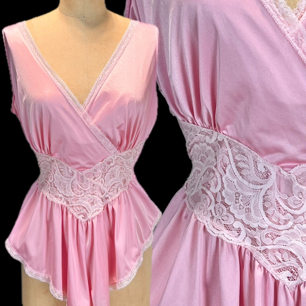 VINTAGE 80s pretty in pink lingerie‎ nighty negligee teddy silky lace one piece